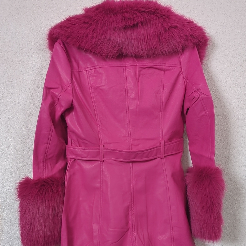 Women's Pink Faux Fur Trench Coat - Picture 2 of 3